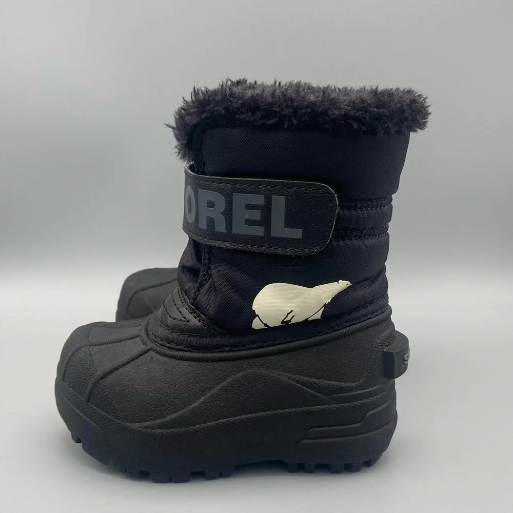 Sorel Kids Black Winter Boots with Cream Bear Accent
